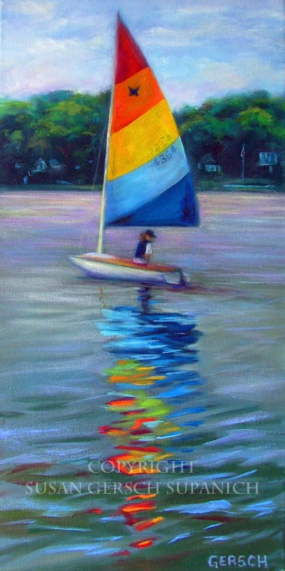 Items similar to Art Print "Reflection" colorful sailboat 